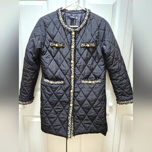 Yanyiba Women's Quilted Puff Tweed Trim Faux Pearl Buttons Jacket Size Medium